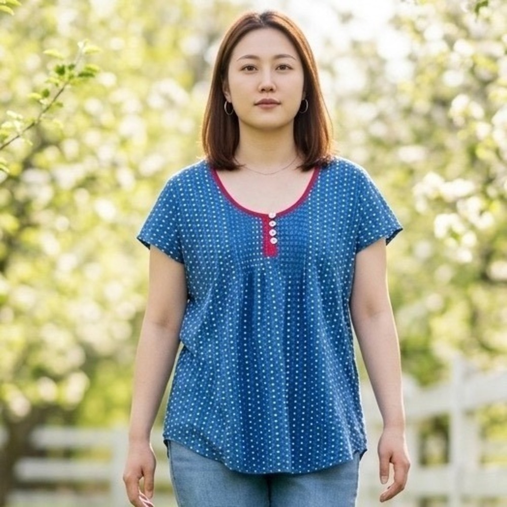 XL Blue Polka Dot Cotton Pintuck Short Sleeve Grandmacore Boho Cottagecore